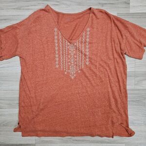 Garnet Hill Womens Shirt Orange Tribal Organic Linen V-neck Short Sleeve Medium